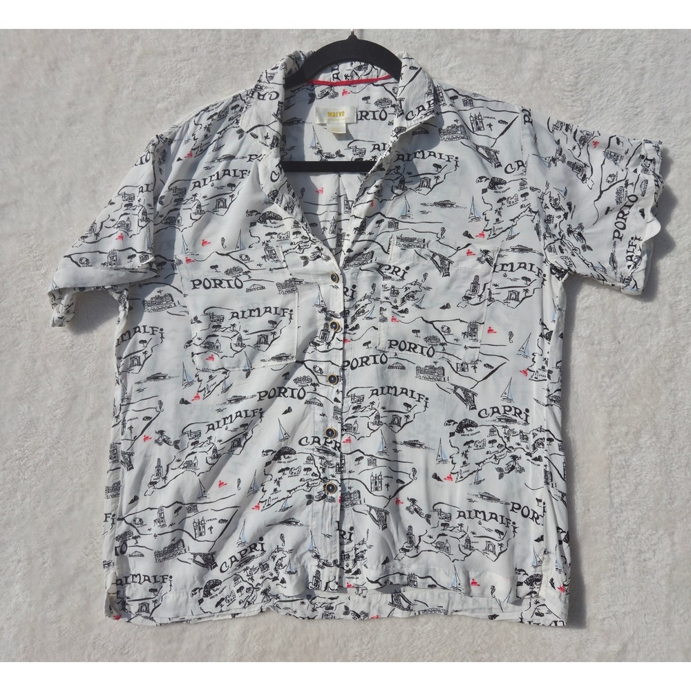 Maeve Anthropologie Womens Bon Voyage Button-Down Shirt Small Amalfi Map Viscose